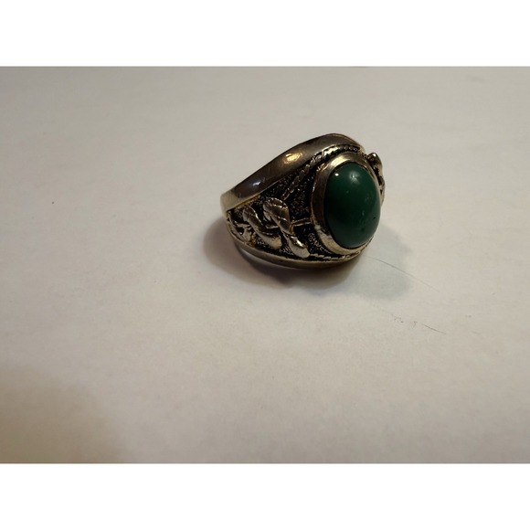Jewelry - Vintage Snake Ring Green Cabochon Stone Silver Tone Signet Statement Size 10.5